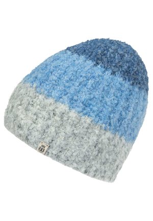 Knit beanie featuring gradient hues of blue and grey, with a soft, textured finish and a small logo tag on the edge.