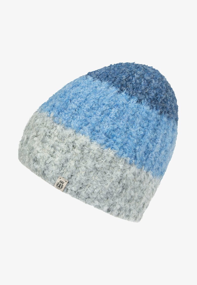 Strickmütze mit einem Farbverlauf in Blau- und Grautönen, weichem, strukturiertem Finish und einem kleinen Logotag am Rand.