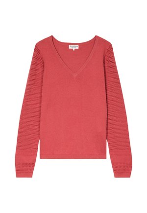 Top à manches longues en corail avec un corps uni et des manches texturées en maille ouverte. Doté de poignets et d'un ourlet côtelés pour une touche supplémentaire.