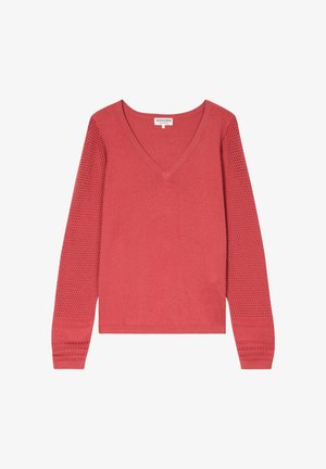 Top à manches longues en corail avec un corps uni et des manches texturées en maille ouverte. Doté de poignets et d'un ourlet côtelés pour une touche supplémentaire.