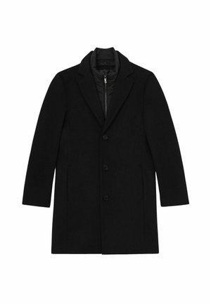 Czarny męski długi płaszcz z trzema guzikami, klapami i wewnętrzną warstwą pikowanej kamizelki na zamek.