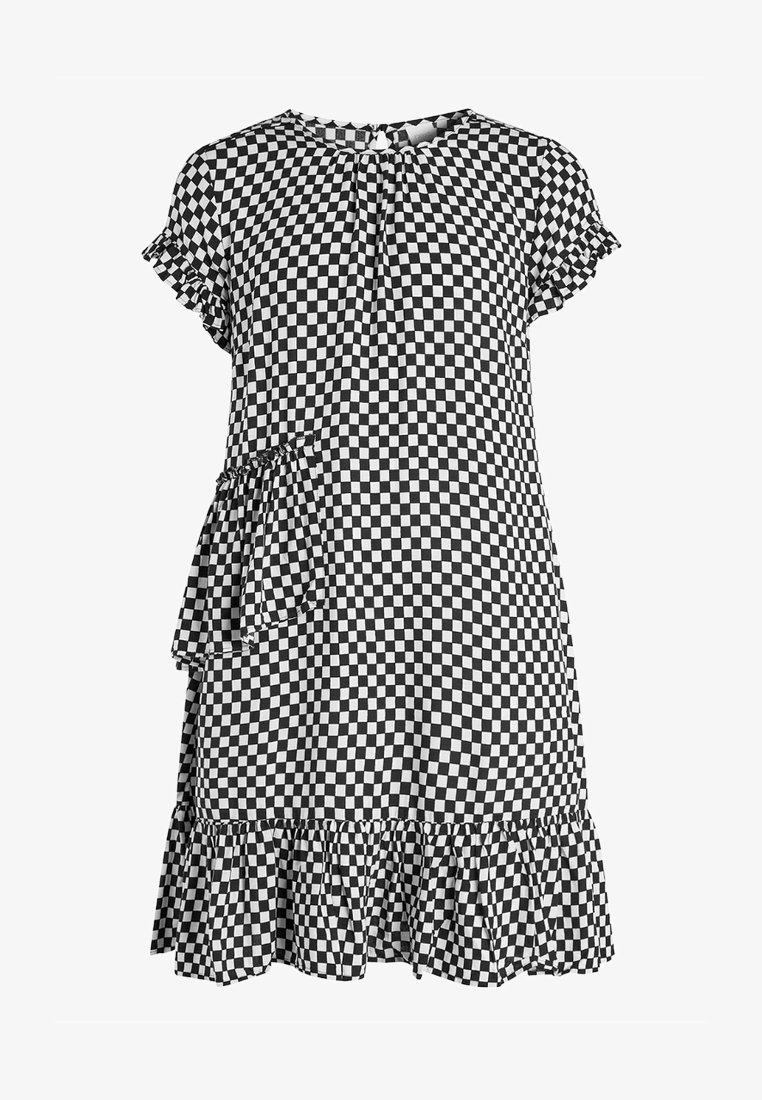 Schwarz-weiß kariertes Kleid aus leichtem Stoff, mit kurzen Rüscheärmeln, einem gerafften Taillendetail und einem ausgestellten, rüschierten Saum.