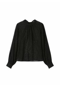 Zwarte kanten blouse met lange mouwen en een hoge halslijn. Heeft een geplooid ontwerp en strakke manchetten. Lichtgewicht textuur met ingewikkelde patronen.