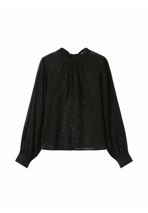 Zwarte kanten blouse met lange mouwen en een hoge halslijn. Heeft een geplooid ontwerp en strakke manchetten. Lichtgewicht textuur met ingewikkelde patronen.