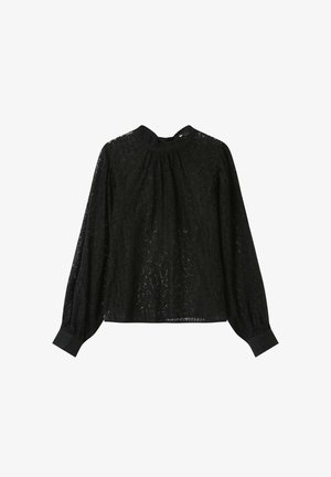 Zwarte kanten blouse met lange mouwen en een hoge halslijn. Heeft een geplooid ontwerp en strakke manchetten. Lichtgewicht textuur met ingewikkelde patronen.