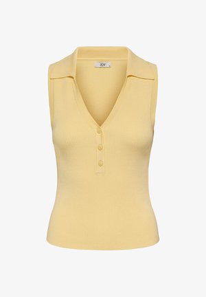 Top a coste senza maniche di colore giallo pallido con colletto e tre bottoni sulla parte anteriore, in stile aderente.