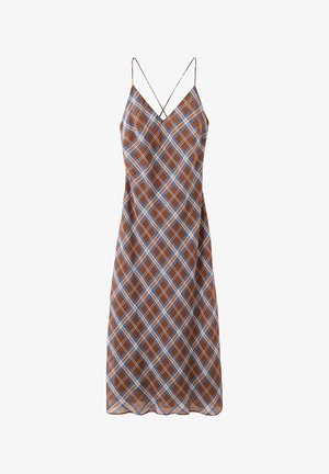 Robe nuisette marron avec motif à carreaux bleu et blanc et fines bretelles croisées.