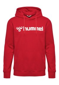 Felpa rossa in cotone misto con tasca a marsupio, cappuccio con cordoncino e logo "hummel" bianco sul davanti. Morbido al tatto.