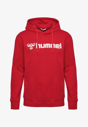 Hoodie rouge en mélange de coton avec une poche kangourou, une capuche à cordon, et un logo "hummel" blanc sur le devant. Texture douce.
