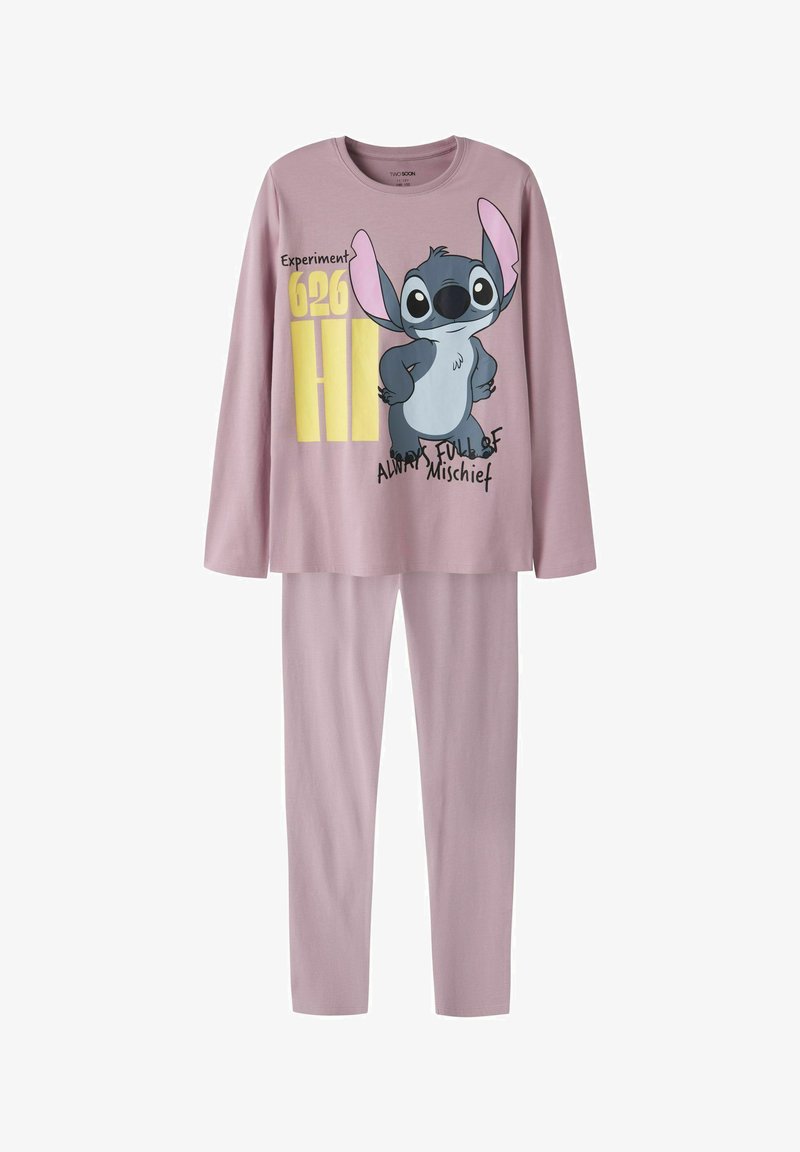Ensemble pyjama violet à manches longues avec le personnage Stitch, textes "Experiment 626" et "Always full of mischief" sur le haut.