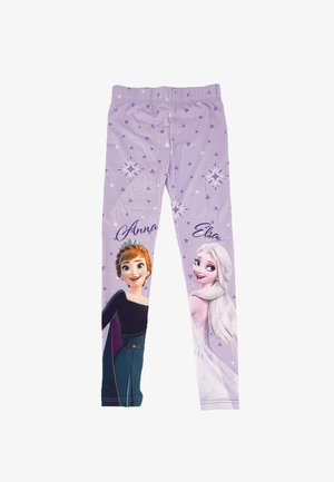 Lila Leggings mit den Charakteren Anna und Elsa aus „Die Eiskönigin“, verziert mit Schneeflockenmuster und geometrischen Formen in helleren Farbtönen.