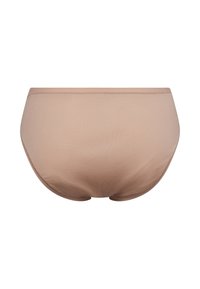 Beige, høj talje-undertøj lavet af blød, glat stof. Har et simpelt design uden synlige mønstre eller hardware.