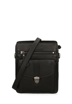 Schwarze Leder-Crossbody-Tasche mit einem Reißverschluss oben, einer Fronttasche, zwei vertikalen Linien auf der Vorderseite und metallischen Akzenten.