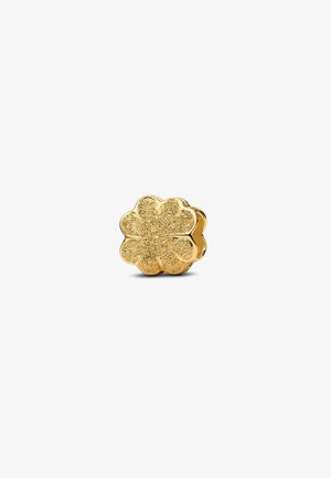 Charm a forma di fiore in oro con superficie testurizzata, caratterizzato da sei petali e una fascia liscia. La luce si riflette sulla sua finitura luccicante.