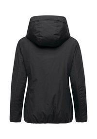 Veste noire, légère, avec capuche, manches élastiques et ourlet resserré. Texture lisse et design minimal sans matériel visible.