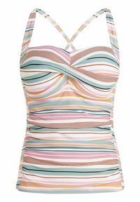 Top tankini a righe con colori pastello di rosa, blu e giallo, con un design arricciato, spalline regolabili e un tessuto testurizzato.