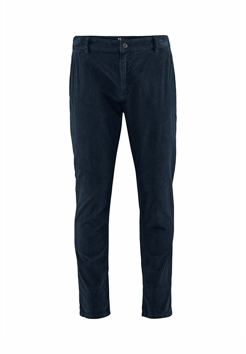 Donkerblauwe corduroy broek met verticale ribbels, slim fit, voorzakken en knoopsluiting op de tailleband. Zachte textuur, rechte pijpdesign.