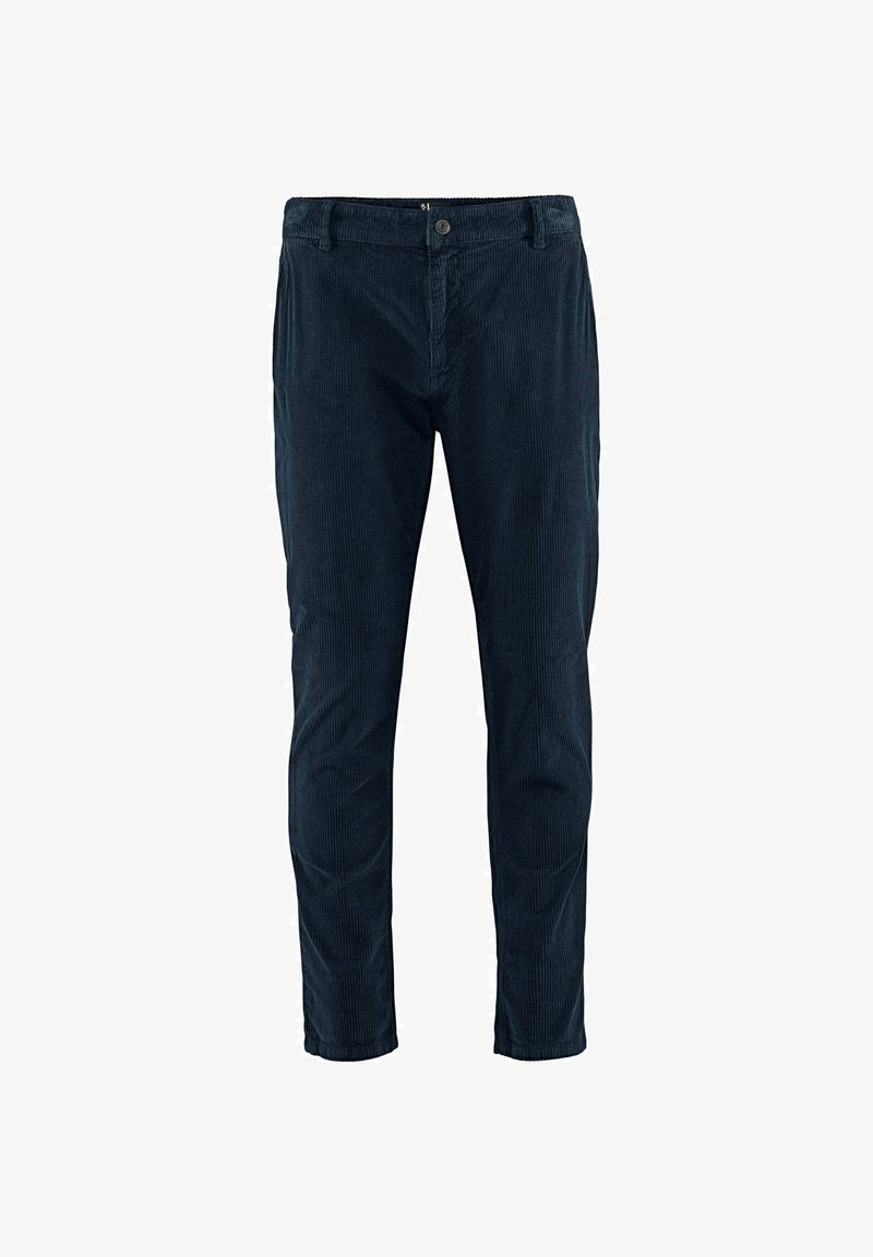 Donkerblauwe corduroy broek met verticale ribbels, slim fit, voorzakken en knoopsluiting op de tailleband. Zachte textuur, rechte pijpdesign.