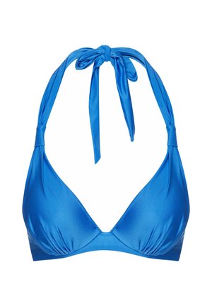 Niebieski top bikini w kształcie trójkąta o gładkiej, błyszczącej fakturze, z regulowanymi wiązaniami na szyi i marszczeniami u dołu.