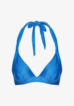 Niebieski top bikini w kształcie trójkąta o gładkiej, błyszczącej fakturze, z regulowanymi wiązaniami na szyi i marszczeniami u dołu.