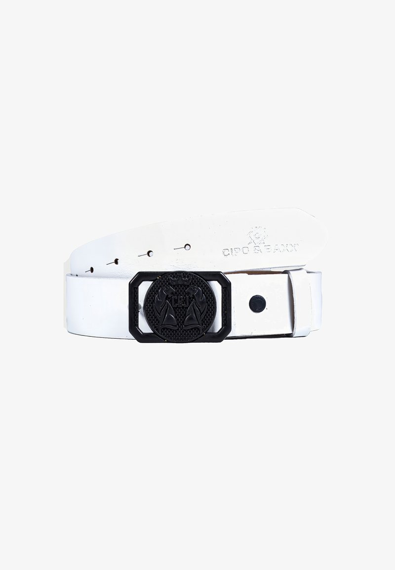 White leather belt featuring a black octagonal buckle with embossed design. Woven texture and several holes for size adjustment.