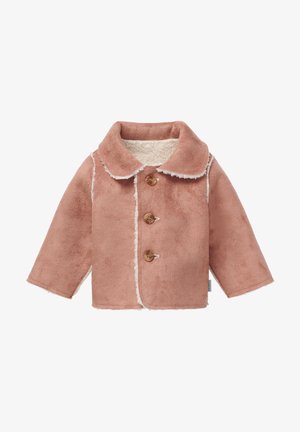 Manteau rose doux pour tout-petit avec doublure blanche duveteuse, trois boutons marron et un large col, présenté sur un fond blanc.