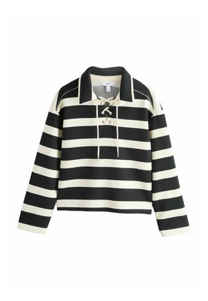 Zwart-wit horizontaal gestreept rugbyshirt met lange mouwen, een veterkraag en een zwarte kraag.