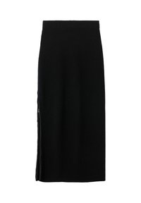 Svart stickad midikjol med ribbad textur och en sidoknäppning för stängning. Enkel, figurnära design utan mönster.