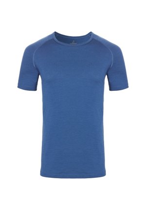 Blaues T-Shirt mit kurzen Ärmeln und klassischem Rundhalsausschnitt. Hergestellt aus weichem Stoff mit glatter Textur und subtilen Nähdetails.