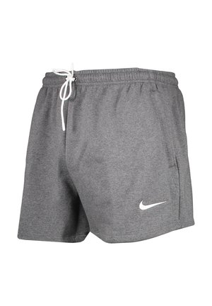 Shorts de sport gris en tissu doux, avec une taille élastique, un cordon blanc, des poches latérales et un logo swoosh blanc.