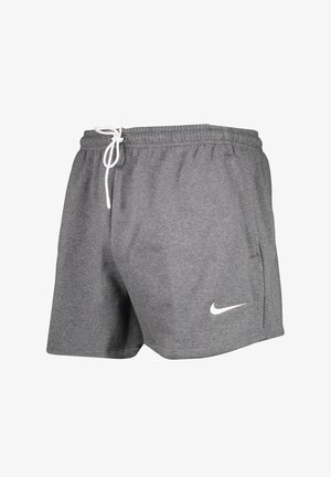 Graue Sportshorts aus weichem Stoff, mit elastischem Bund, weißem Kordelzug, seitlichen Taschen und einem weißen Swoosh-Logo.