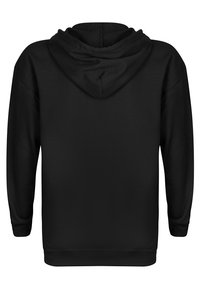 Svart huvtröja med klassisk pulloverdesign, mjukt tyg, känguruficka och stor, justerbar dragsko. 