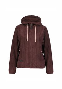 Burgundin värinen fleece-takki, jossa on teksturoitu pinta, huppu, vetoketjusuljenta ja vaaleanpunaiset nyörit. Takissa on myös kaksi etutaskua ja logopistotus.