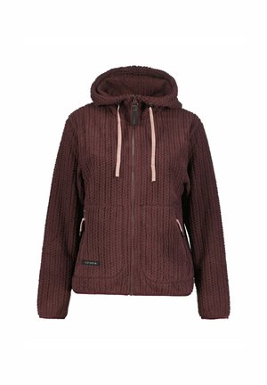 Veste en polaire bourgogne avec une surface texturée, capuche, fermeture éclair à l'avant et cordons de serrage roses. Comprend deux poches avant et un logo brodé.