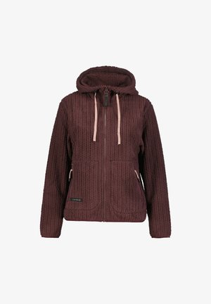 Bordeaux fleecejakke med en tekstureret overflade, hætte, lynlås foran og lyserøde snore. Har to frontlommer og logo-broderi.