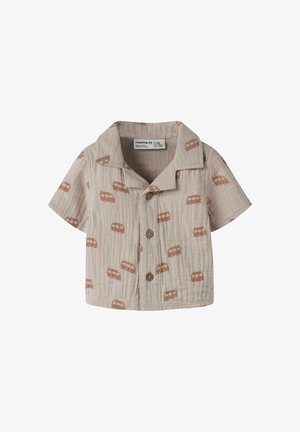 Chemise beige pour tout-petit à manches courtes avec boutons, motifs de camionnettes vintage marron et large col.