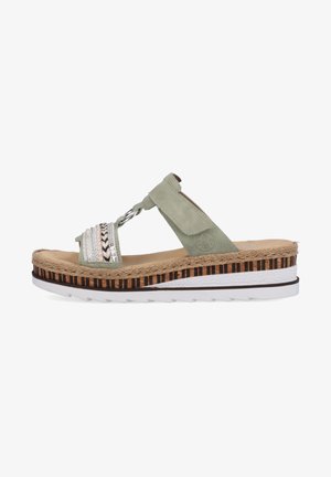 Grüner Wildledersandalette mit geflochtenen Riemen, Plattformsohle mit gestreiftem Design und gepolsterter Innensohle für zusätzlichen Komfort.
