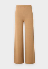 Bredde bukser i beige laget av et mykt, elastisk stoff, med høy elastisk midjebånd og rene, enkle sømmer.