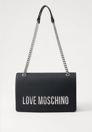 Black rectangular handbag with silver chain strap and large silver "LOVE MOSCHINO" letters on front flap.