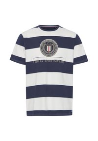 Raitapaitainen lyhythihainen T-paita tummansinisessä ja valkoisessa värissä, jossa on ympyrälogo laakeriavoin kanssa ja teksti "FQ1924 SPORTSWEAR" beige värissä.