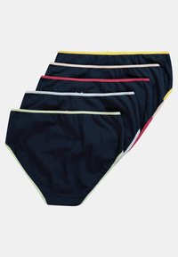 Set di sei slip blu navy con elastici di diverse colorazioni: giallo, rosa, rosso, bianco, blu e verde. Tessuto morbido, design classico degli slip.