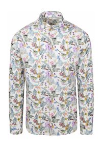 Overhemd met knopen, met een witte achtergrond en een kleurrijke bloem- en bladenprint, gemaakt van lichtgewicht stof met een glanzende afwerking.