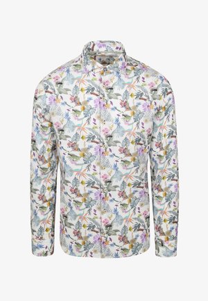 Overhemd met knopen, met een witte achtergrond en een kleurrijke bloem- en bladenprint, gemaakt van lichtgewicht stof met een glanzende afwerking.