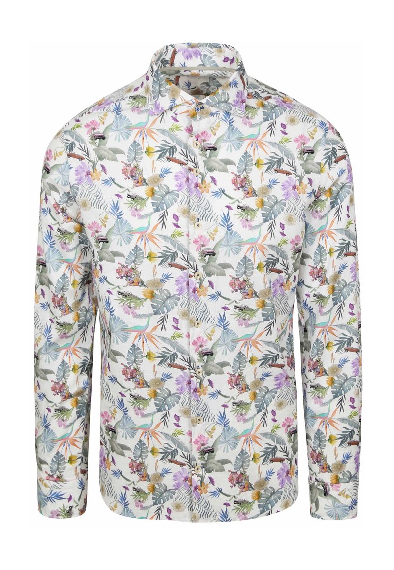 Overhemd met knopen, met een witte achtergrond en een kleurrijke bloem- en bladenprint, gemaakt van lichtgewicht stof met een glanzende afwerking.