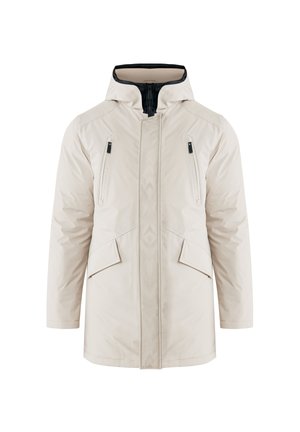 Helle beigefarbene, isolierte Parkajacke mit Kapuze. Verfügt über einen schwarzen Reißverschluss, zwei Brusttaschen und eine eckige Säumen. Glattes, strukturiertes Material.