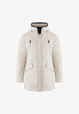 Licht beige, geïsoleerde parka jas met een capuchon. Kenmerkt zich door een zwarte rits, twee borstzakken en een hoekige zoomafwerking. Soepele, gestructureerde stof.
