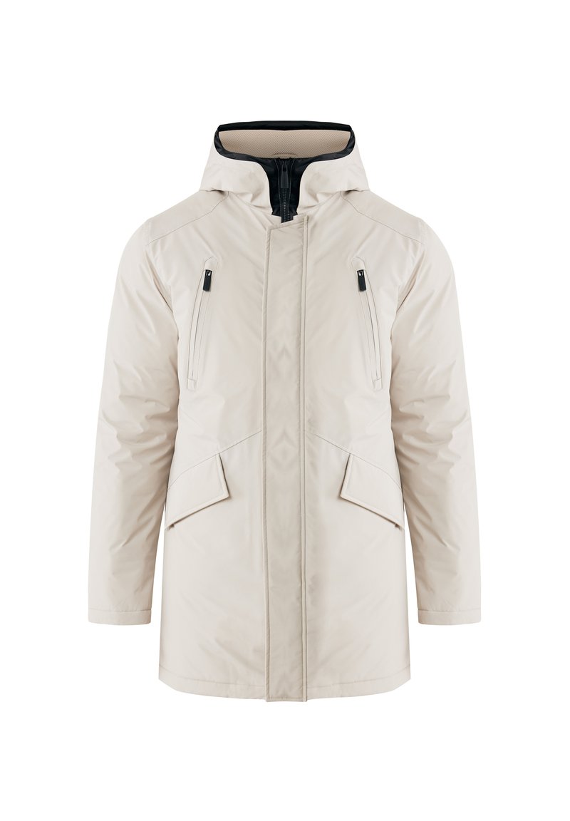 Parka de color beige claro, aislada, con capucha. Presenta un cierre negro, dos bolsillos en el pecho y detalles de dobladillo en ángulo. Tejido suave y texturizado.