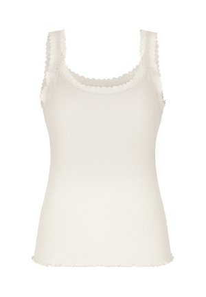 Débardeur crème côtelé avec bordure en dentelle festonnée au niveau du décolleté, des bretelles et de l'ourlet, sans manches et ajusté.