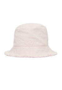 Jasnoróżowa kapelusz typu bucket wykonany z materiału bawełnianego. Posiada teksturowany rondo z postrzępionym brzegiem oraz haftowane logo marki.