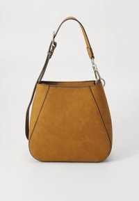 Brūna zamšādas soma ar struktūrētu, leņķisku dizainu, vienu pleca siksnu un sudraba toņa metāla detaļām. Gluda tekstūra ar minimālistisku stilu.